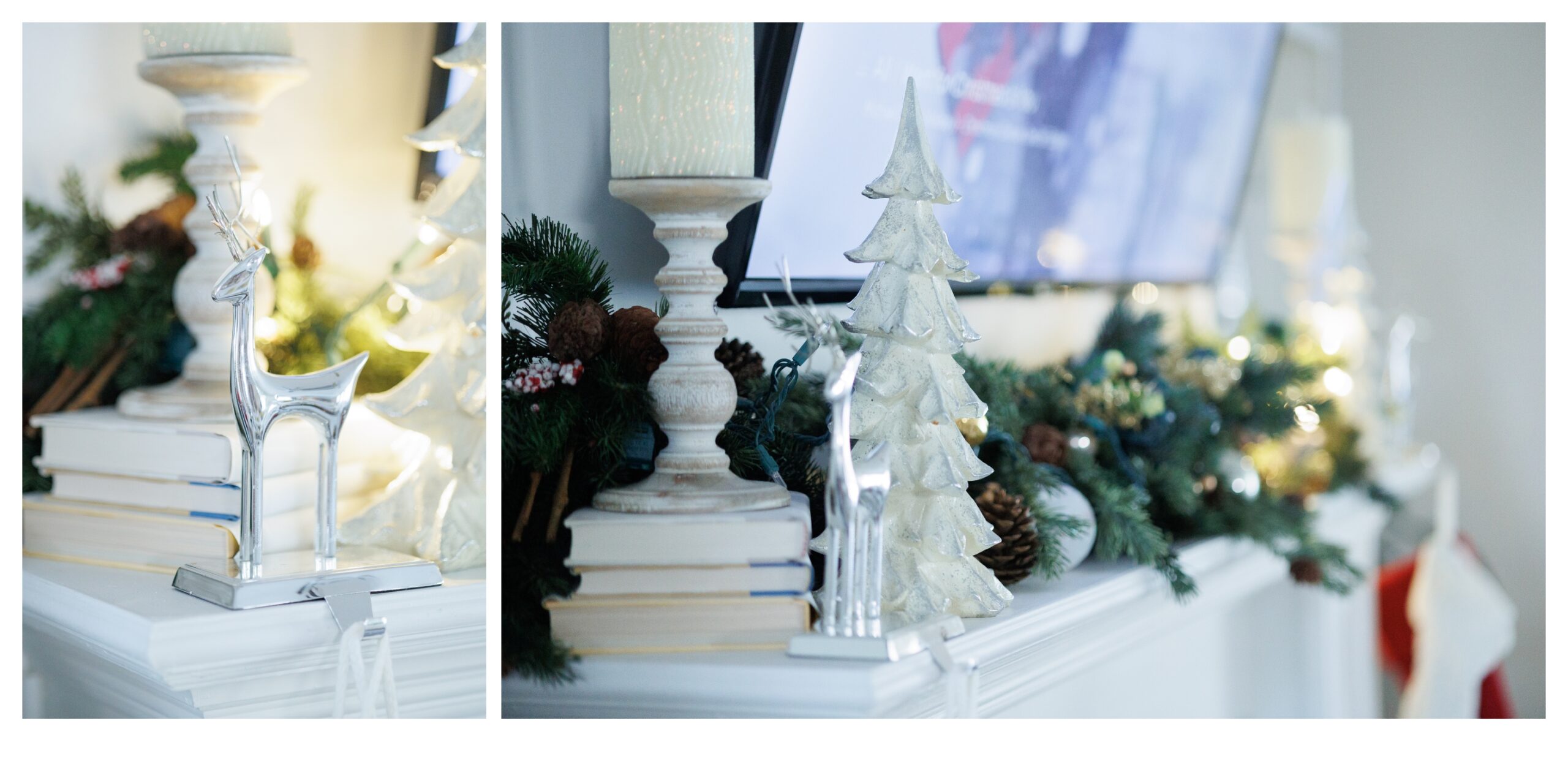 Christmas Decor in white and gold and silver.